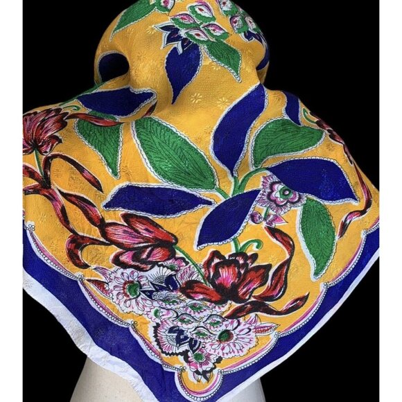 Vintage Bold Floral Brocade Art Scarf Japan Selvedge Yellow Blue Green Red Rayon - Picture 1 of 8